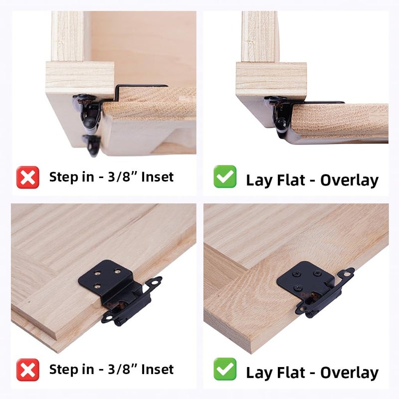 Decobasics 1/2" Overlay Matte Black Cabinet Hinges (10 Pair -20 Pcs) Self Closing Bath & Kitchen Cabinet Hinges Black Flush Mount w/Door Bumpers & Upgraded Screws - Image 4